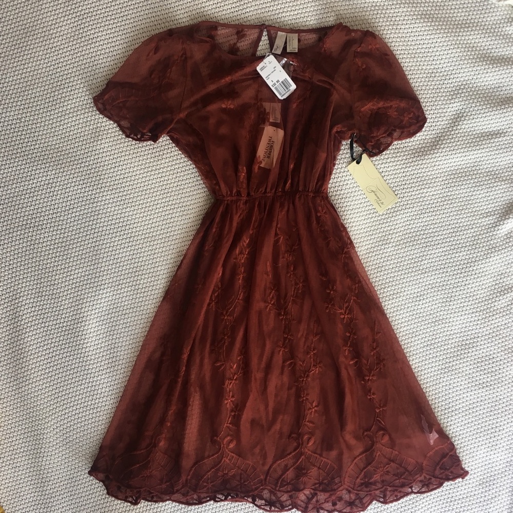 Rust Floral Mesh Overlay Dress